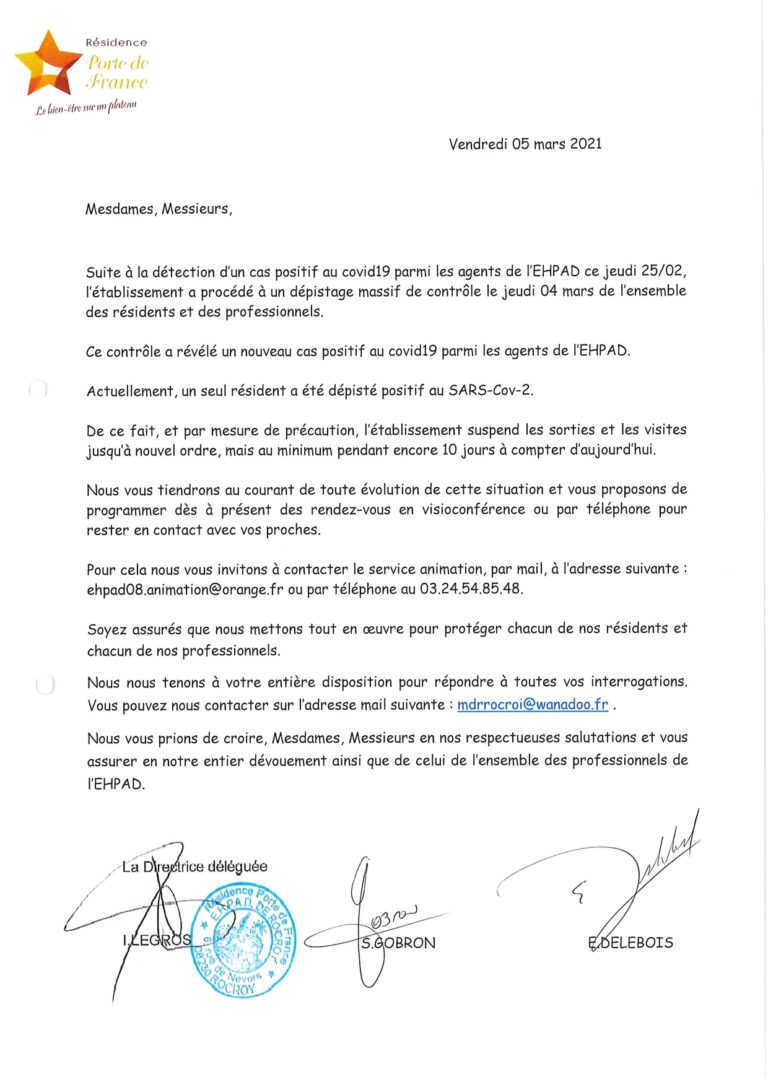 Lettre aux familles du 05 mars 2021 – EHPAD ROCROI